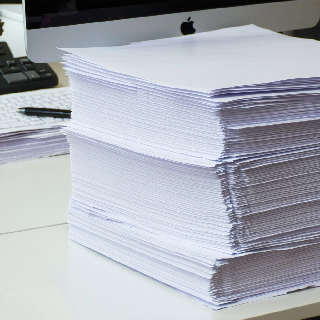 piles of paper on desk